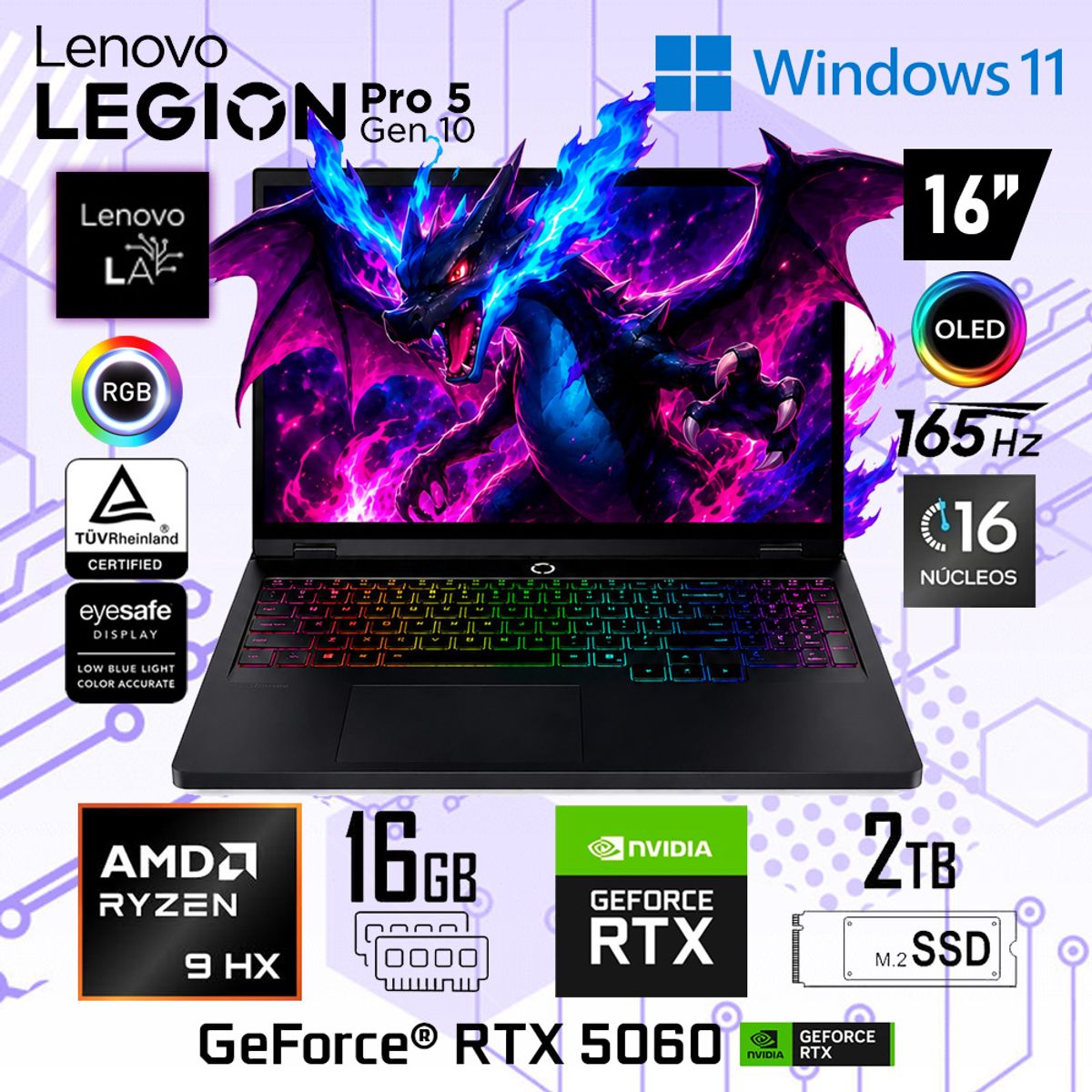 LENOVO - Laptop Lenovo Legion Pro 5 16AFR10 AMD Ryzen 9 9955HX 16GB RAM 2TB  RTX 5060-8GB 16" OLED 83F20027US