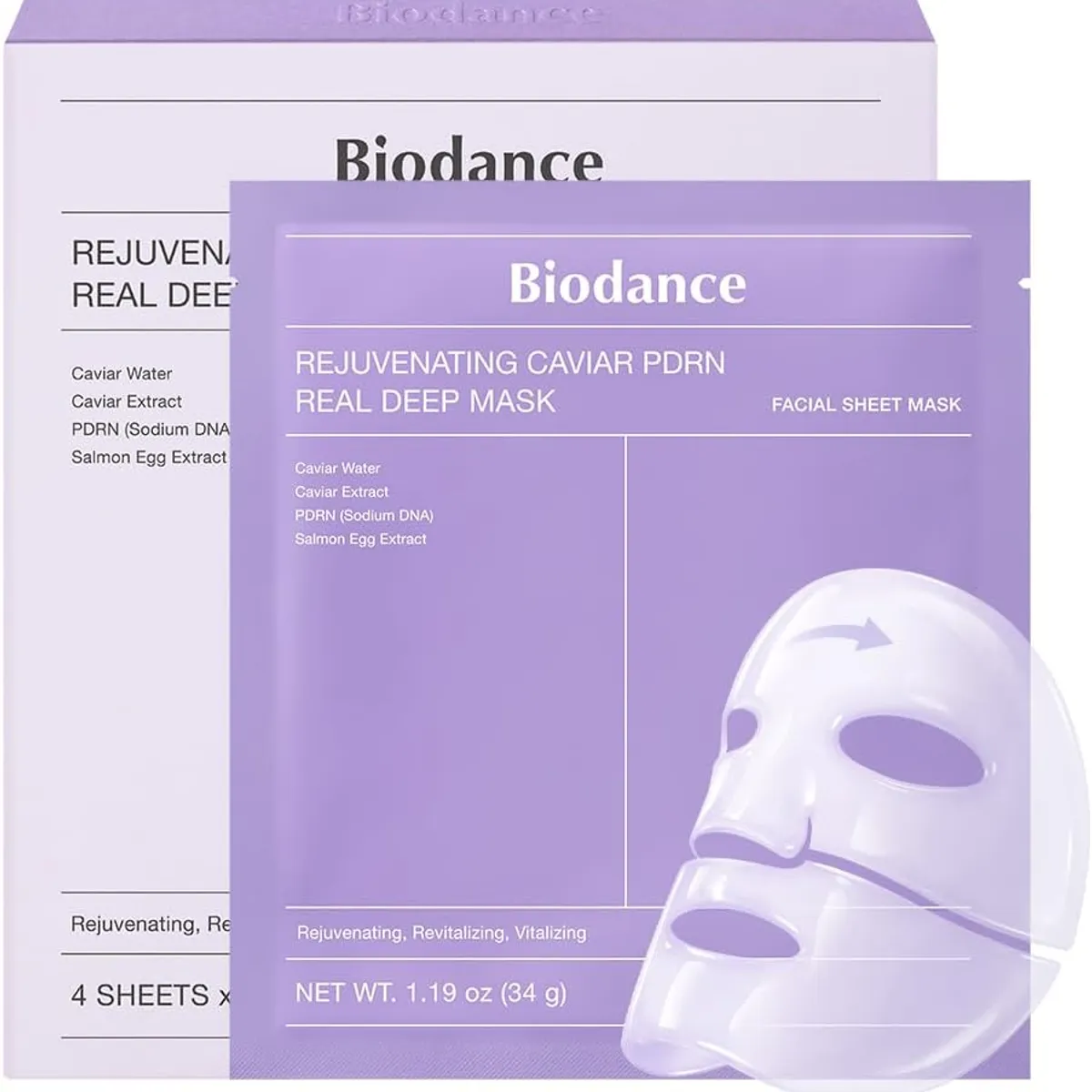 BIODANCE - 04 Mascarillas Faciales Rejuvenecedora de Caviar PDRN Coreana 34g x 4 Uds - Biodance