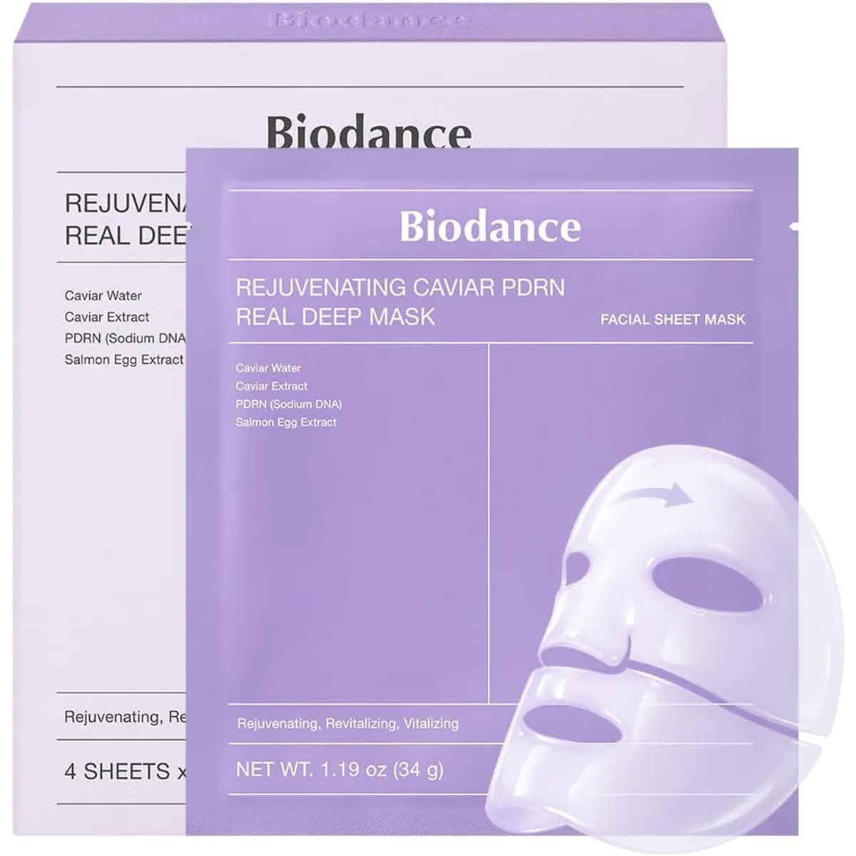 BIODANCE - 04 Mascarillas Faciales Rejuvenecedora de Caviar PDRN Coreana 34g x 4 Uds - Biodance