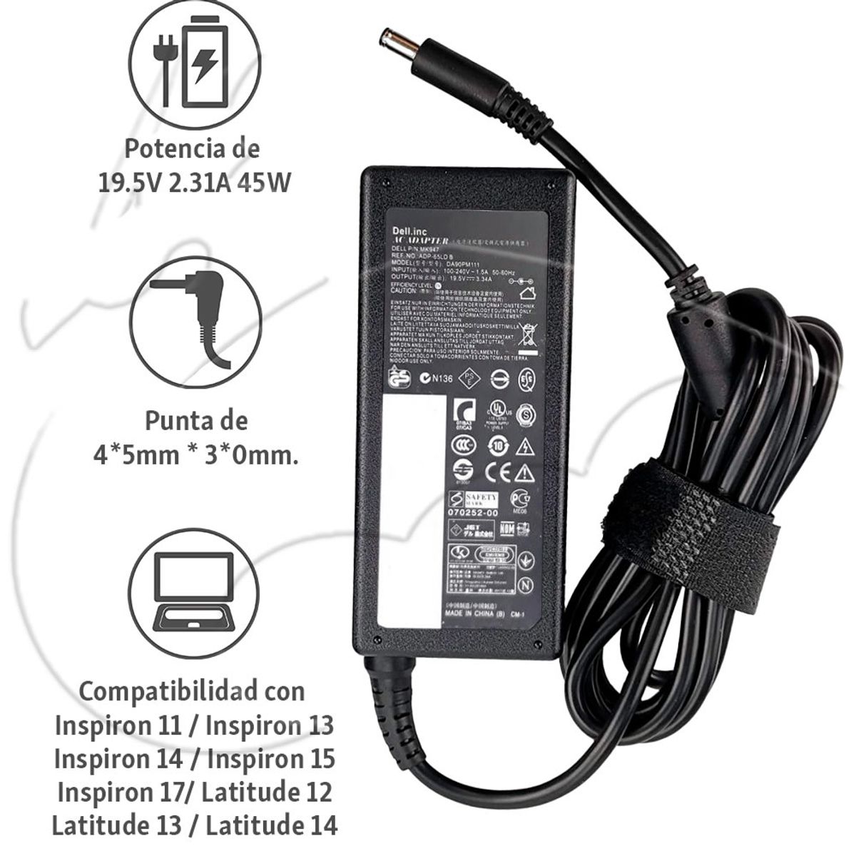Dell - CARGADOR PARA DELL 19.5V 2.31A 45W 4.53.0 PUNTA DELGADA