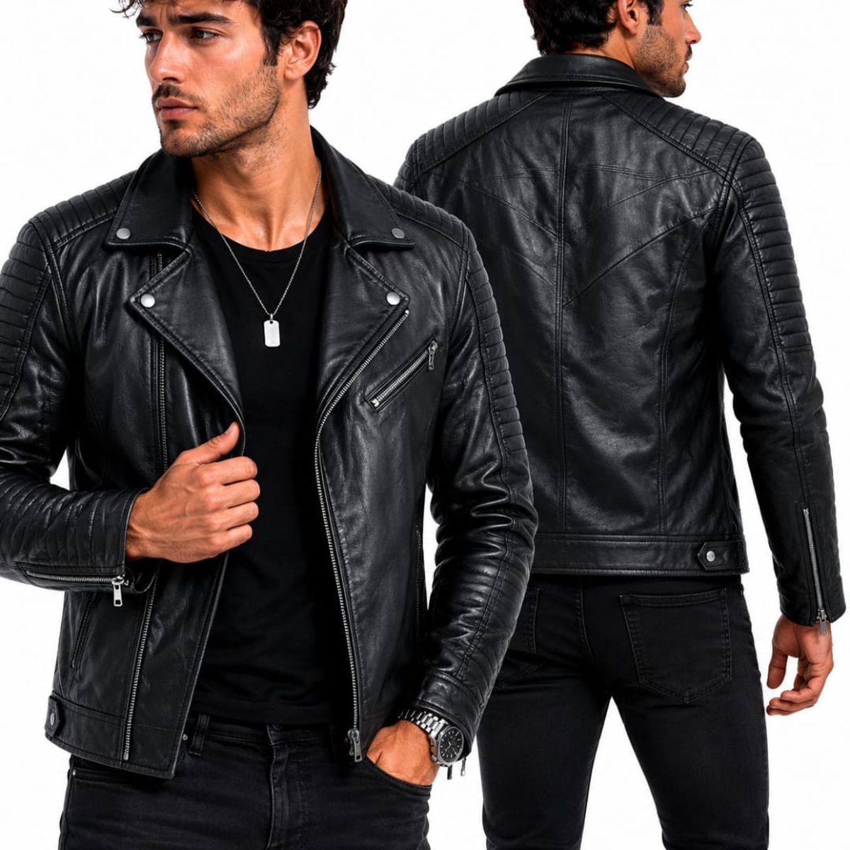 GENERICO - Casaca Biker para hombre cuero Sintetico Slim Fit