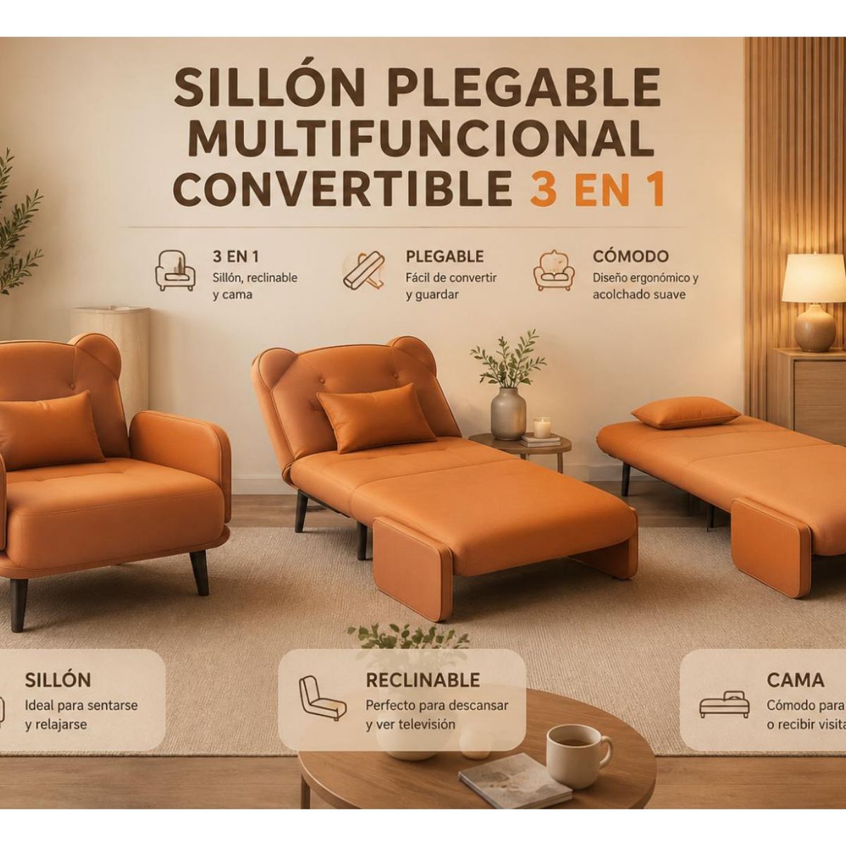 GENERICO - SILLÓN SOFÁ CAMA PLEGABLE CONVERTIBLE RECLINABLE PARA DESCANSO Y RELAX
