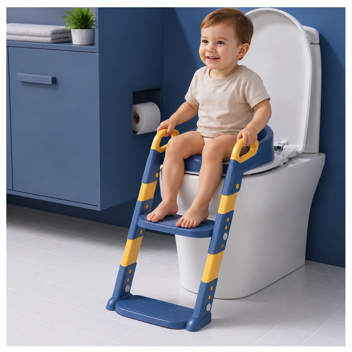 GENERICO - Asiento entrenamiento Infantil con Escalera Plegable y Cojín PU Azul