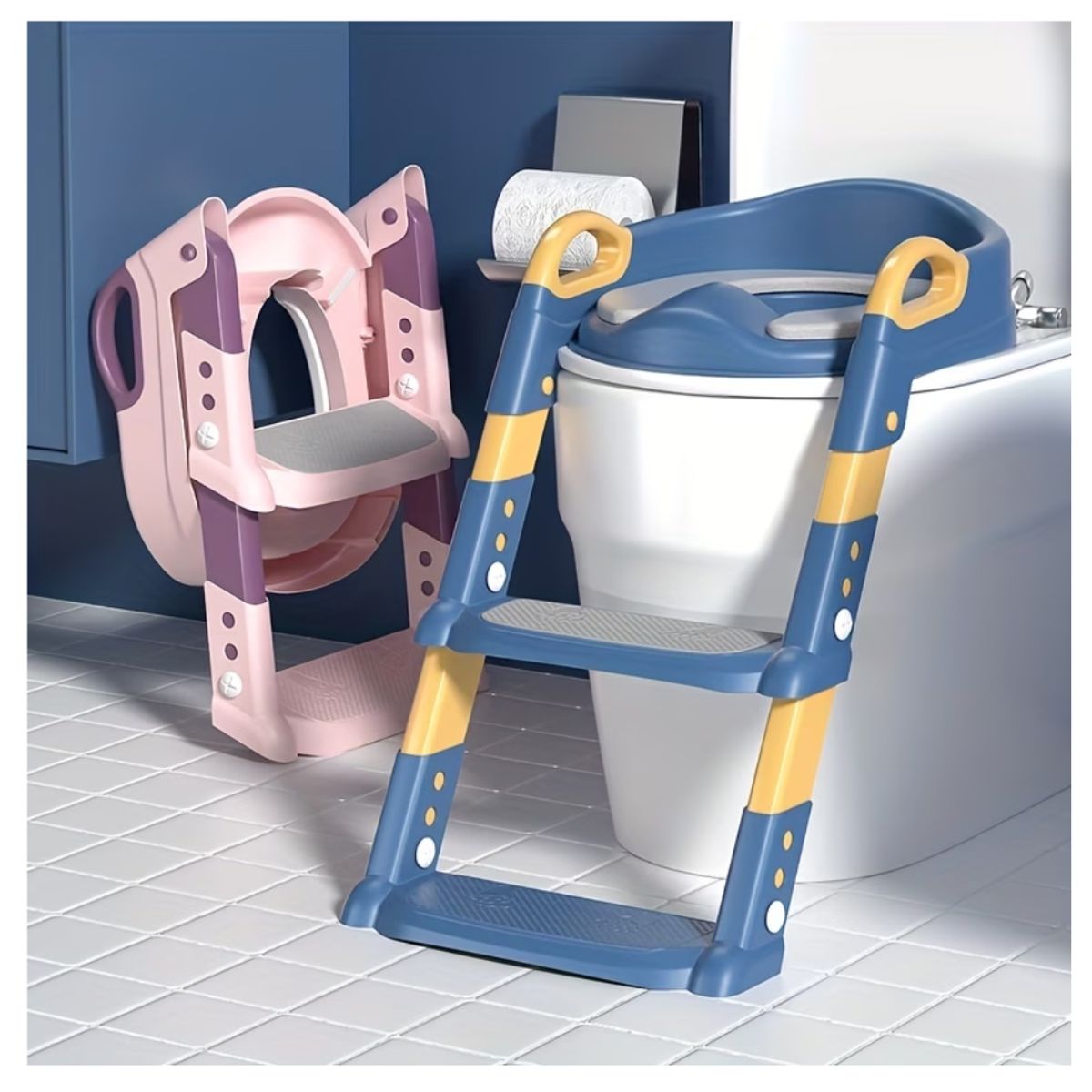 GENERICO - Asiento entrenamiento Infantil con Escalera Plegable y Cojín PU Azul