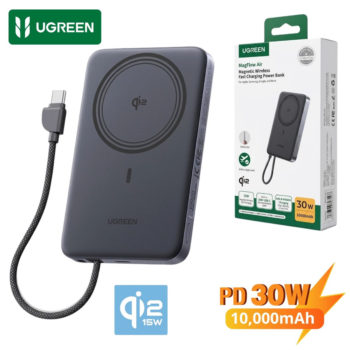 UGREEN - Power Bank UGREEN 30W Cargador inalámbrico Qi2 Magflow de 15W UGREEN  75982B para Iphone Samsung
