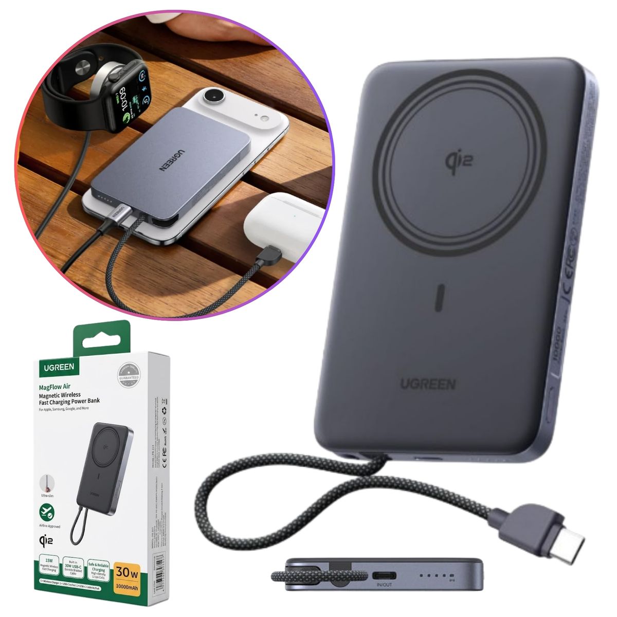 UGREEN - Power Bank UGREEN 30W Cargador inalámbrico Qi2 Magflow de 15W UGREEN  75982B para Iphone Samsung