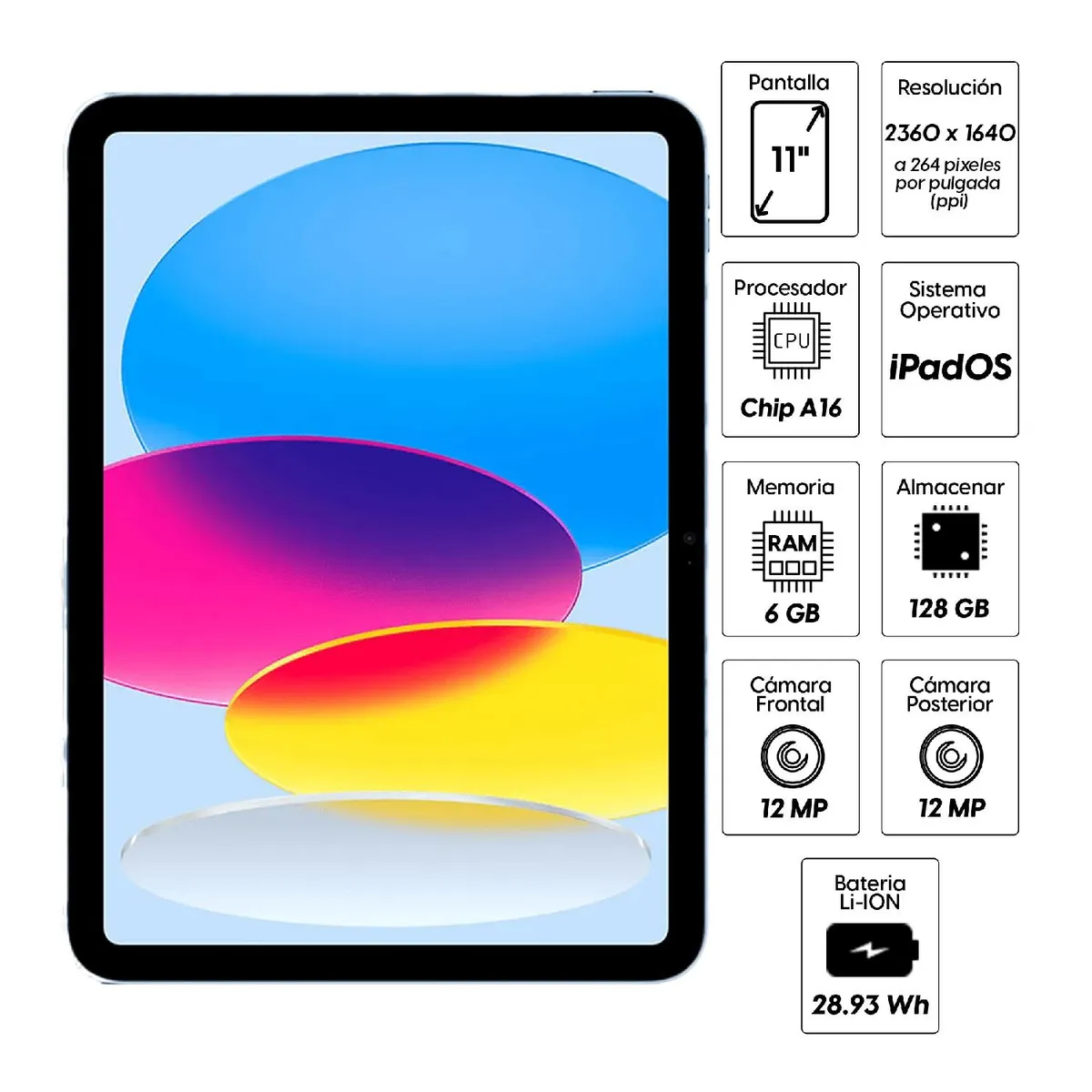 iPad 11" 128GB, cámara principal 12MP y frontal 12MP, 28.93 Wh, Chip A16, blue, marca APPLE - Foto 2