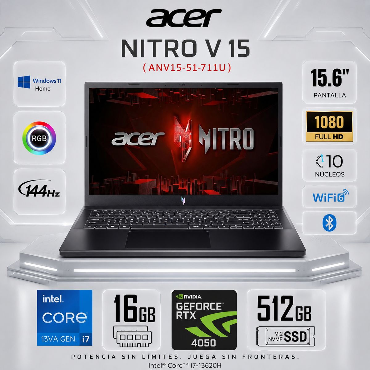 ACER - Laptop Acer Nitro V15 ANV15-51-711U i7 16GB 512GB RTX4050 15.6 Black