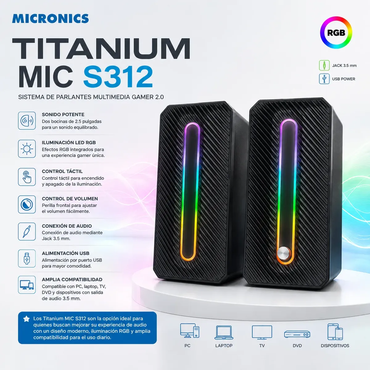 MICRONICS - Parlantes Gamer RGB Titanium MIC S312 2.0 PC, Laptop TV Audio Estéreo
