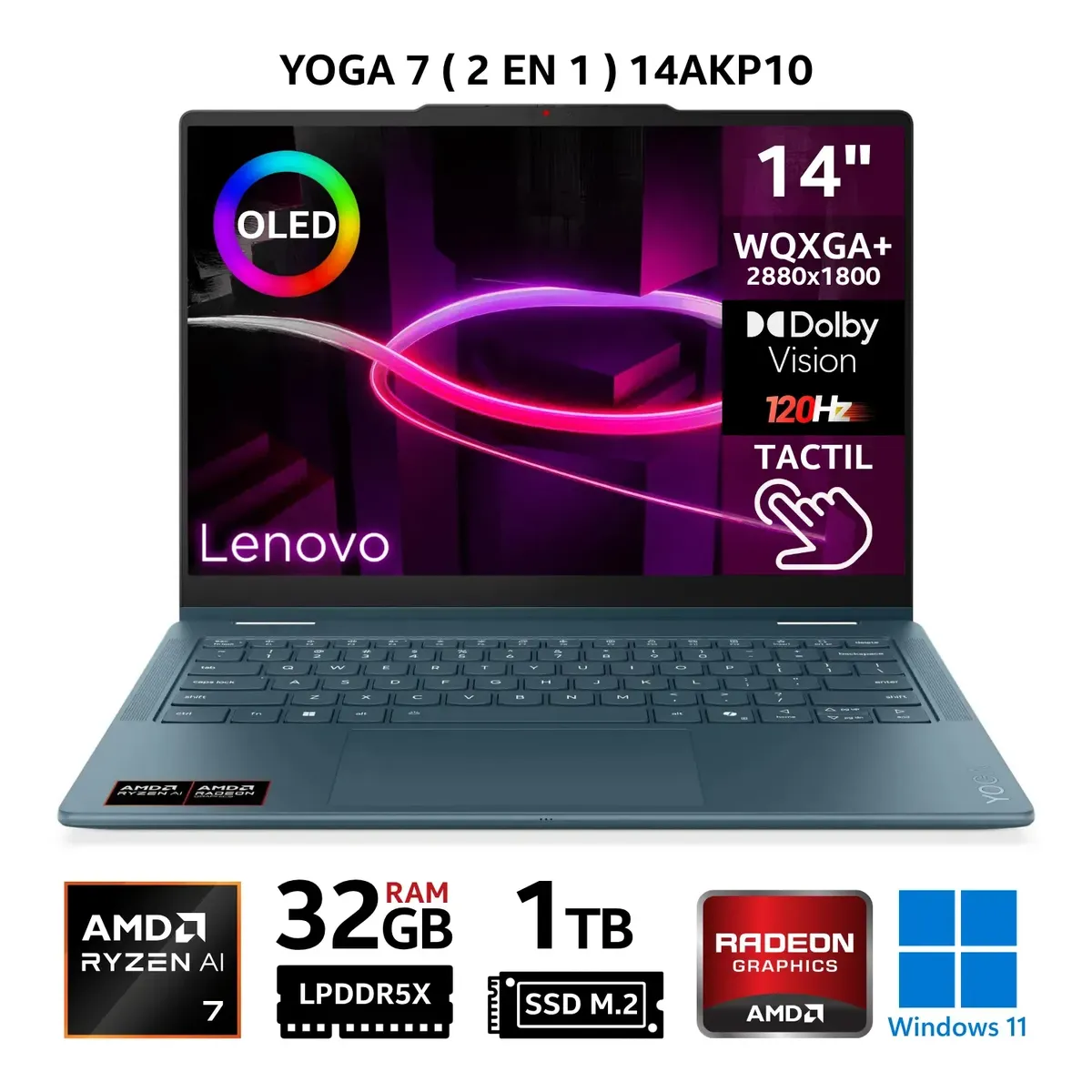 LENOVO - Laptop Lenovo Yoga 7 (2 en 1) 14AKP10, 14" OLED 2.8K Táctil, Ryzen AI 7 350, RAM 32GB, SSD 1TB, Win.