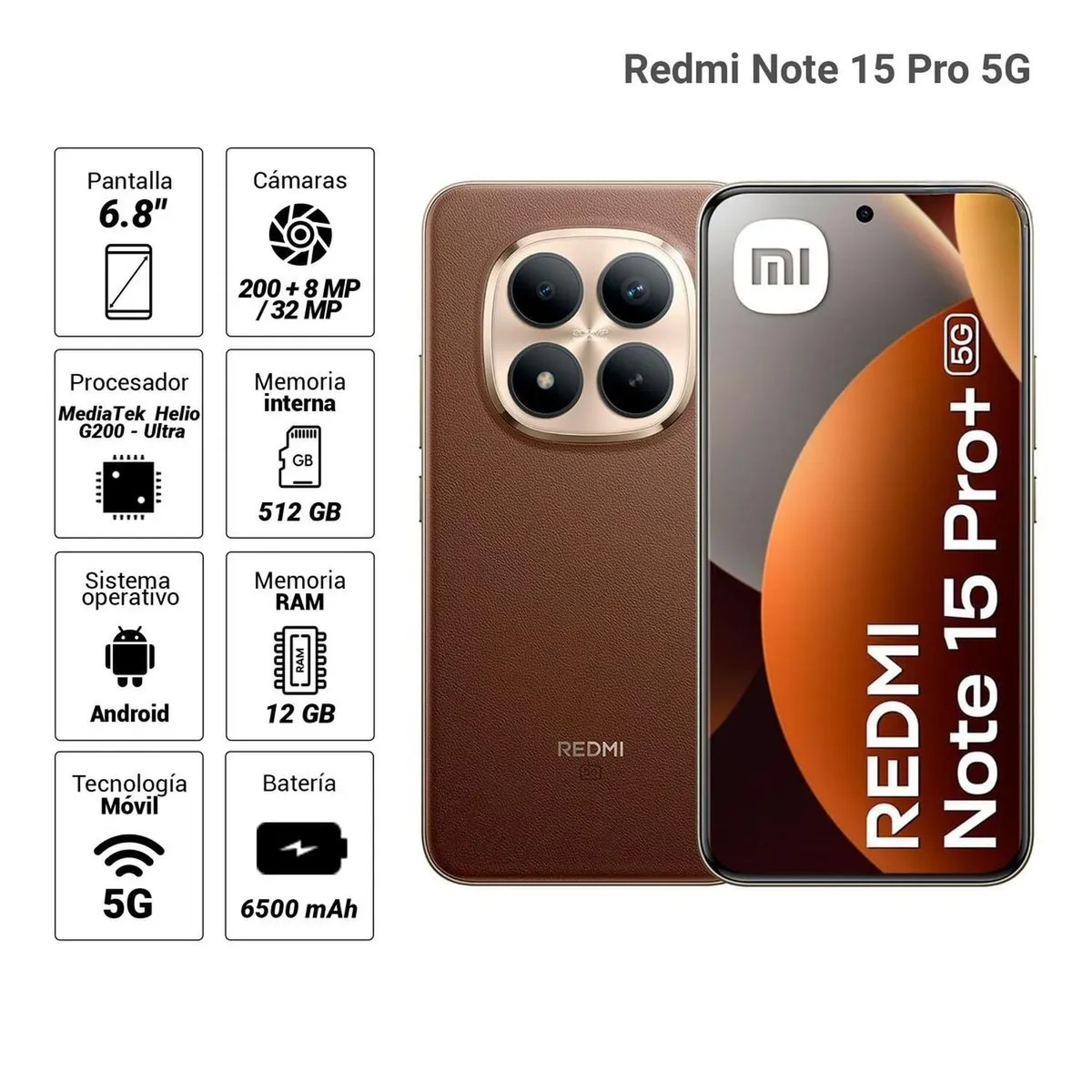 XIAOMI - Celular Xiaomi Redmi Note 15 Pro+ 5G 512GB, 12GB RAM, trasera 200MP + 8MP, frontal 32MP, café moca