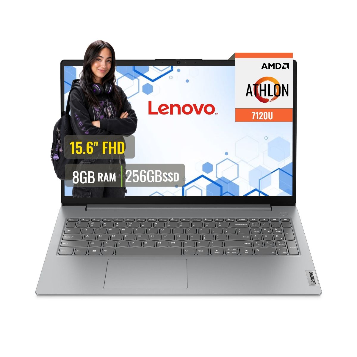 LENOVO - Laptop Lenovo V15 FHD AMD Athlon 7120U 8GB DDR5 256GB FreeDOS Gris. 82YU00X5LM