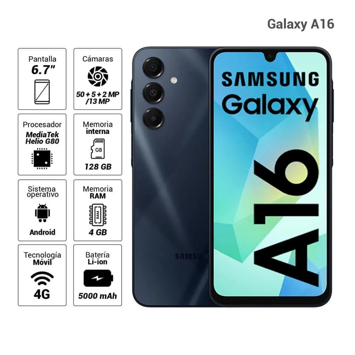 SAMSUNG - Celular Samsung Galaxy A16 4G 128GB, 4GB RAM, cámara trasera 50MP y frontal 13MP, 6.7", negro