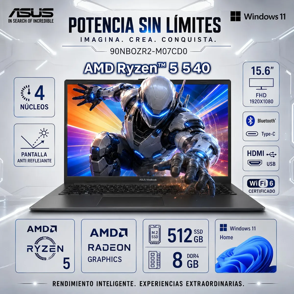 ASUS - Laptop ASUS Vivobook Go 15.6 FHD E1504FA-WS51 Ryzen 5 7520U 8GB 512GB SSD Win11 Mixed Black