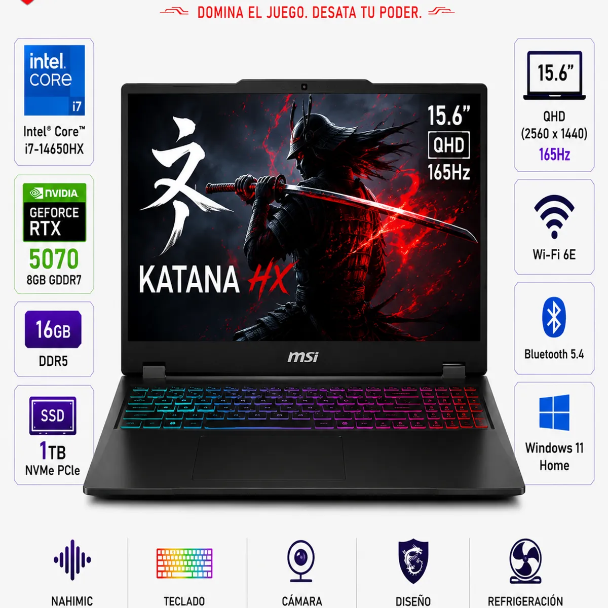 Msi - Laptop MSI Katana HX B14WGK-293US Intel Core i7-14650HX 16GB DDR5 1TB SSD RTX 5070 8GB 15.6" QHD 165Hz Windows 11