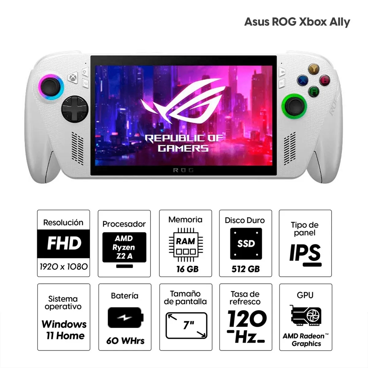 ASUS - Consola portátil Asus ROG Xbox Ally 2025 7" AMD Ryzen Z2 A 512GB SSD 16GB RAM 120Hz Win11 blanco