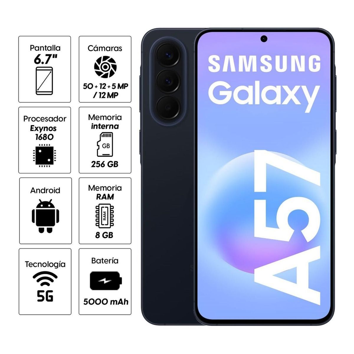 Celular Samsung Galaxy A57 5G 256GB, 8GB RAM, cámara trasera 50MP y frontal 12MP, 6.7'', azul oscuro, marca SAMSUNG - Foto 2