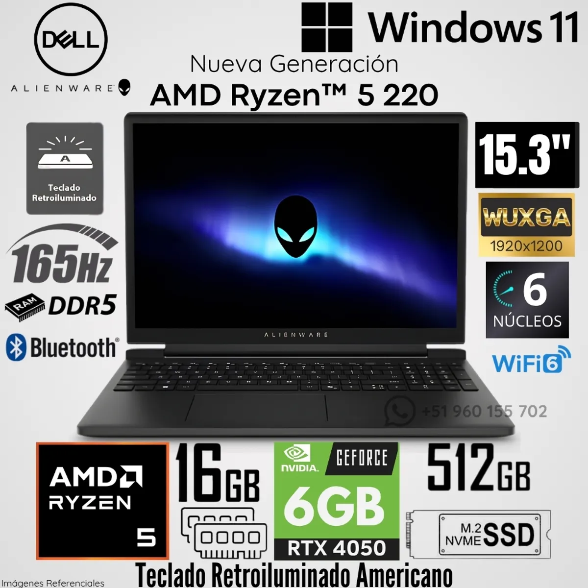 Dell - Laptop Dell Gaming Alienware 15 DA15265 AMD Ryzen 5 220 16GB RAM 512GB SSD RTX 4050-6GB 15.3"  WUXGA