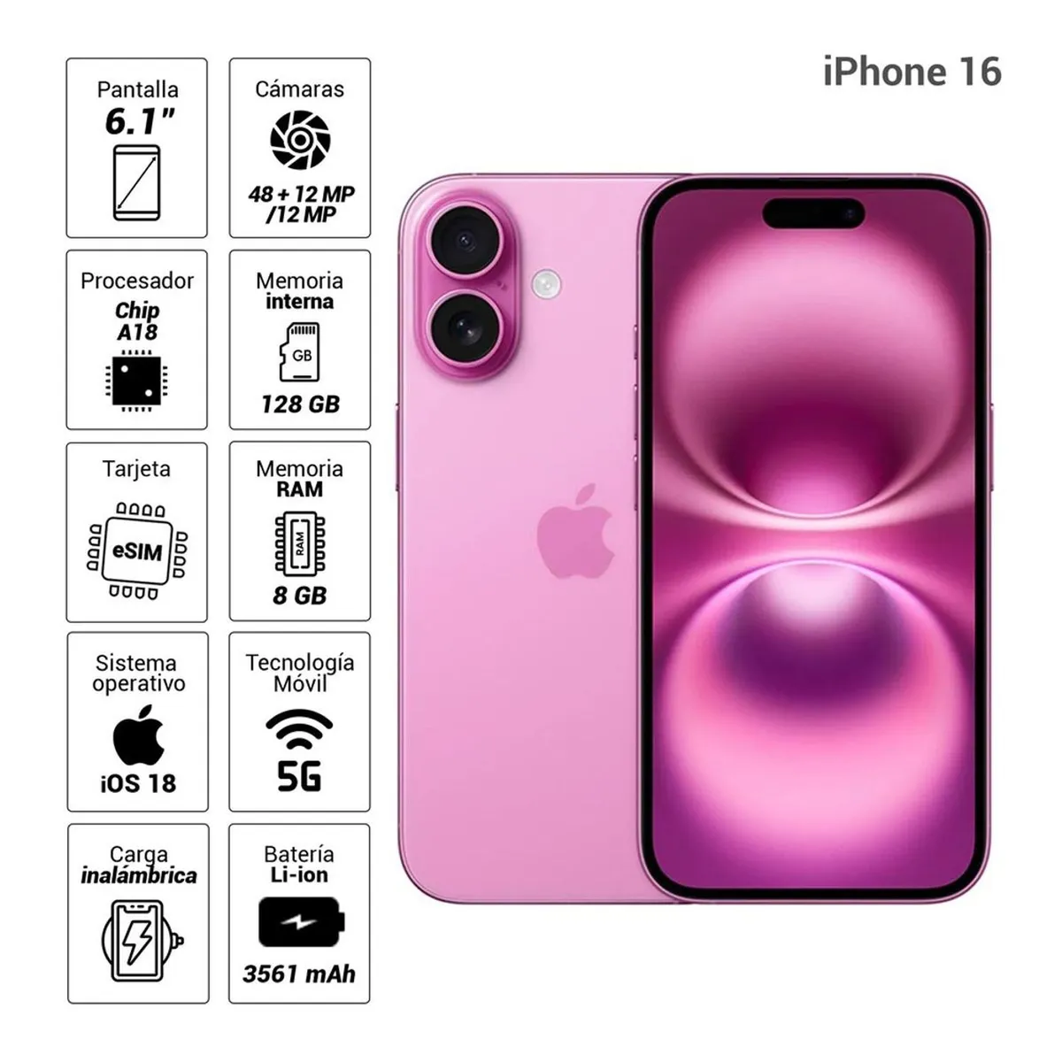 iPhone 16 eSIM 5G 128GB, 8GB RAM 48MP/12MP 6.1" rosado, marca APPLE - Foto 2