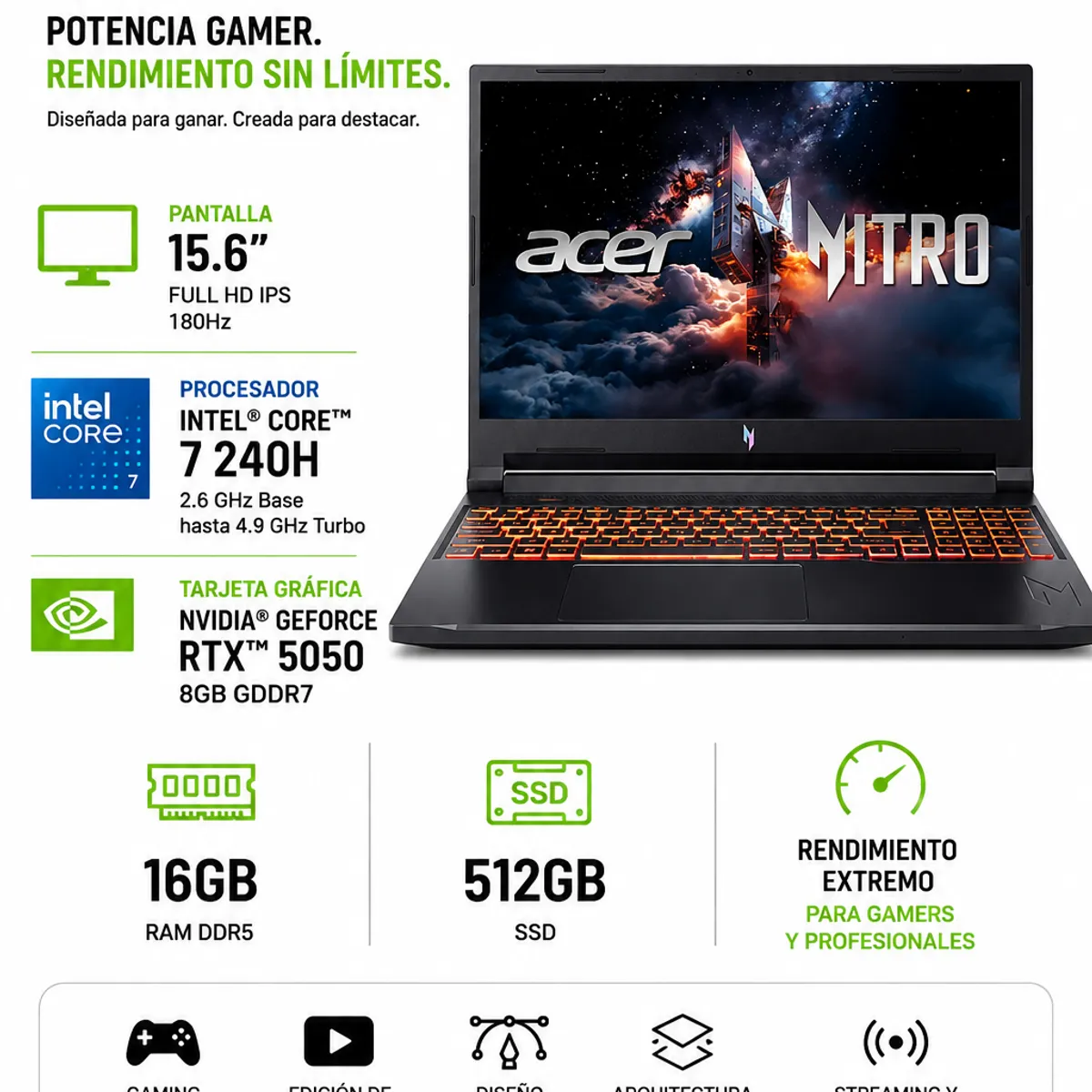ACER - Laptop Acer Nitro V 15 Intel Core 7 240H 16GB RAM 512GB RTX 5050 8GB 15.6″ FHD 180Hz Windows 11