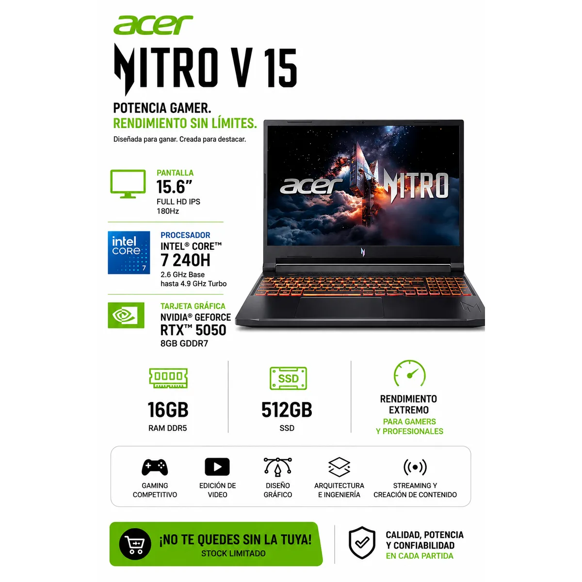 ACER - Laptop Acer Nitro V 15 Intel Core 7 240H 16GB RAM 512GB RTX 5050 8GB 15.6″ FHD 180Hz Windows 11