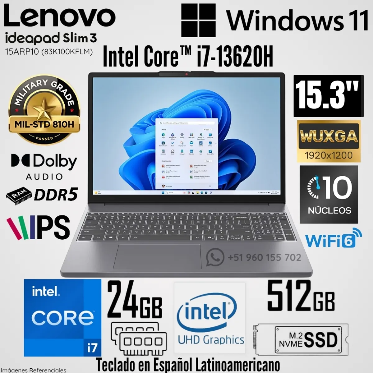 LENOVO - Laptop Lenovo IdeaPad Slim 3 15ARP10 Intel Core i7-13620H 24GB RAM 512GB SSD 15.3"  WUXGA Luna Grey