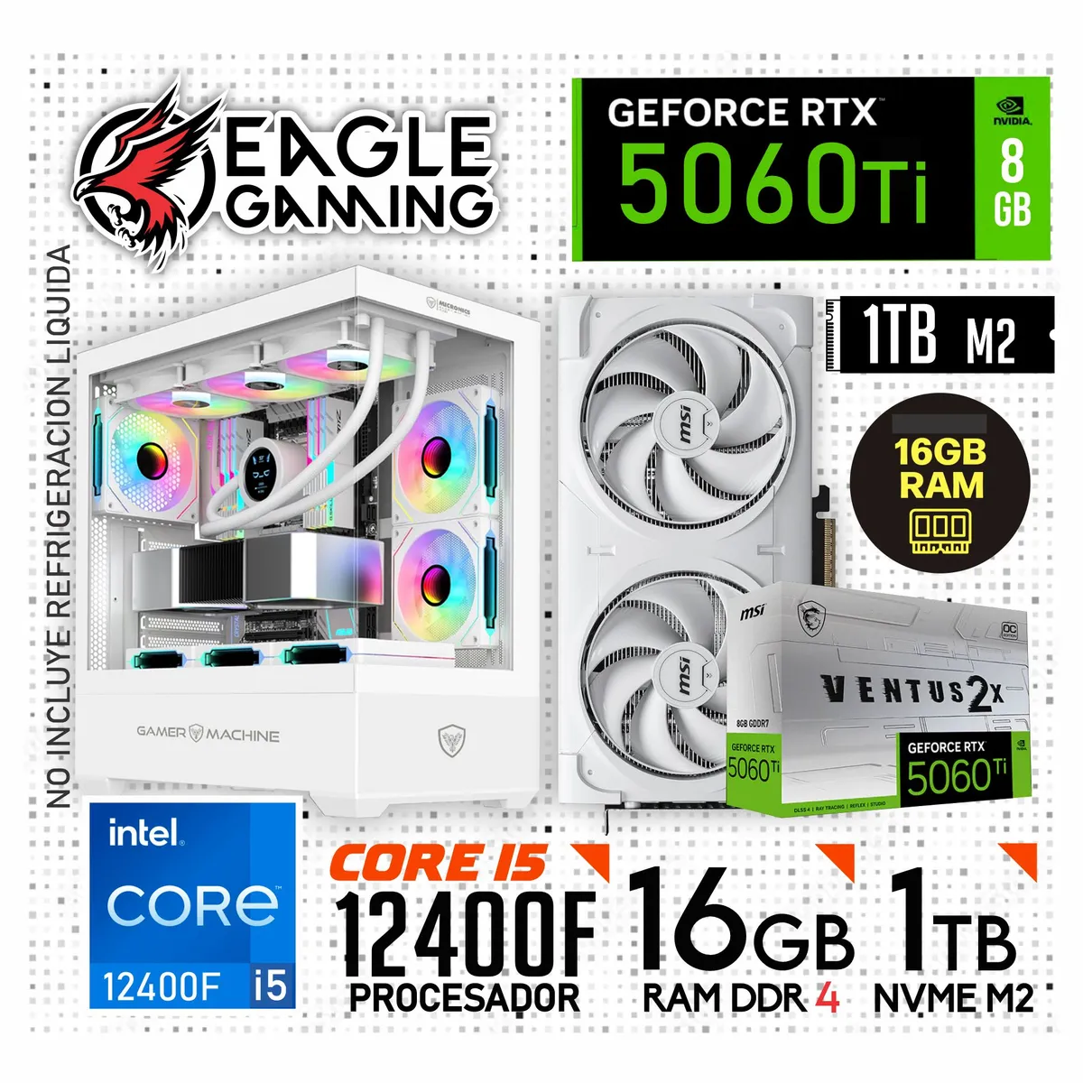 NVIDIA - Computadora PC Gamer INTEL CORE I5 12400F + RTX 5060TI 8GB + RAM 16GB + SSD 1TB.