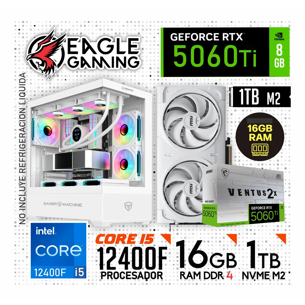 NVIDIA - Computadora PC Gamer INTEL CORE I5 12400F + RTX 5060TI 8GB + RAM 16GB + SSD 1TB.