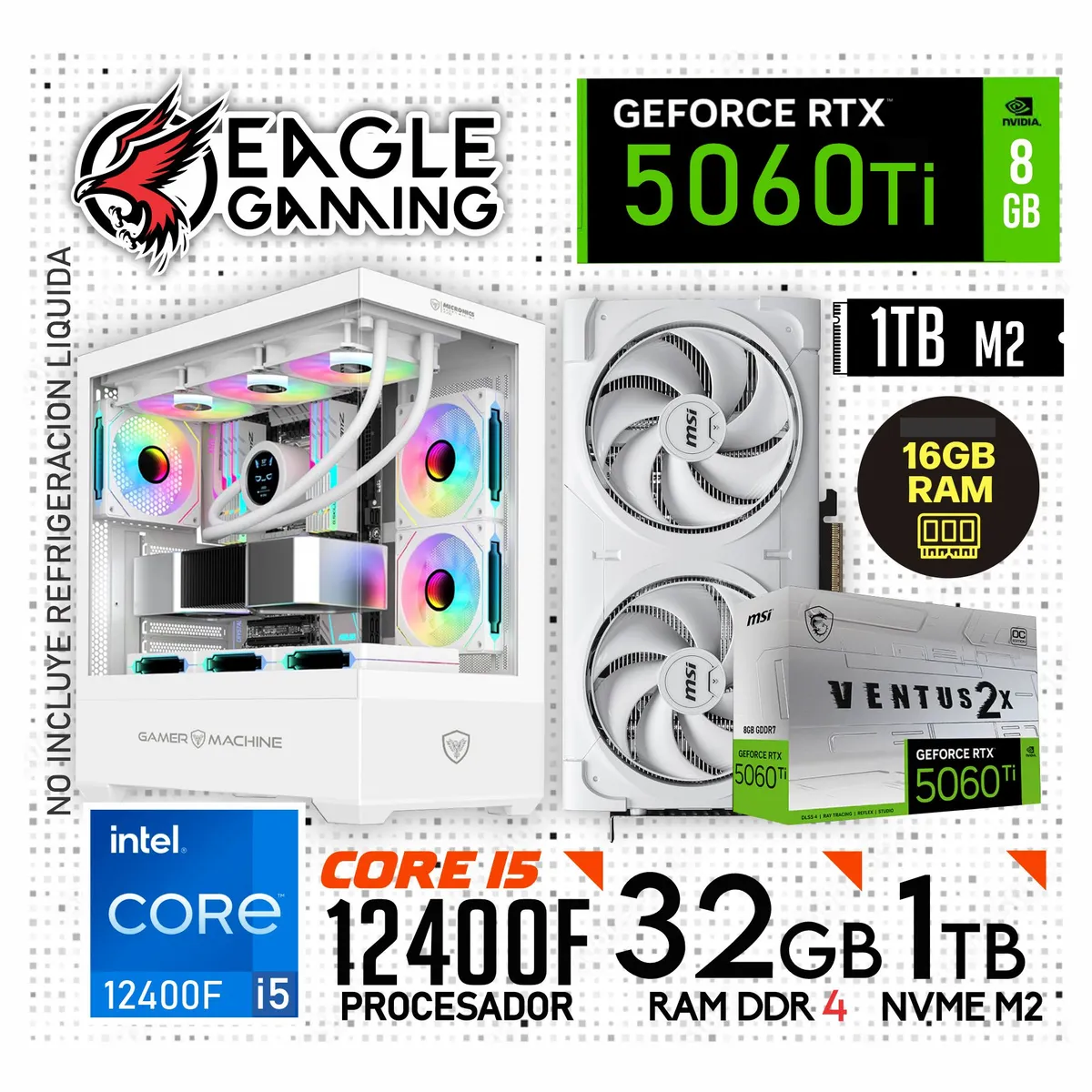 NVIDIA - Computadora PC Gamer INTEL CORE I5 12400F + RTX 5060TI 8GB + RAM 32GB + SSD 1TB.