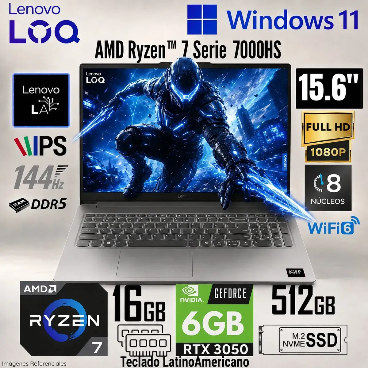 LENOVO - Laptop Lenovo LOQ Essential 15ARP10E AMD Ryzen 7 7735HS 16GB RAM 512GB  RTX 3050-6GB 15.6"  83S00049LM
