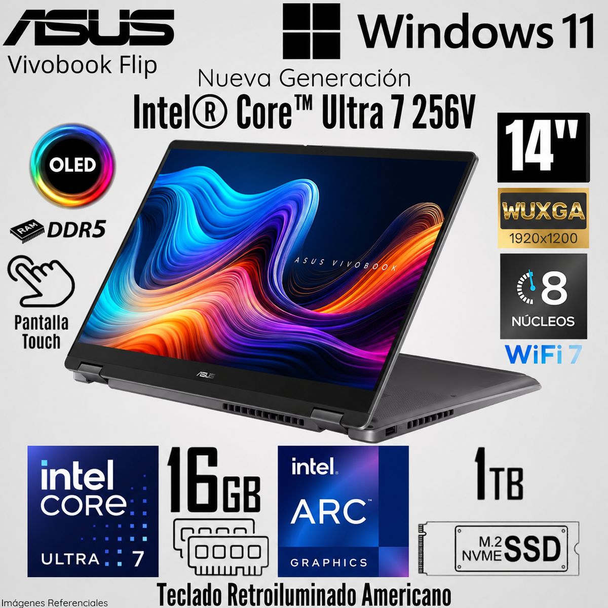ASUS - Laptop Asus Vivobook Flip TP3407SA-DS74T Intel Core Ultra 7 256V 16GB RAM 1TB SSD 14" OLED Táctil