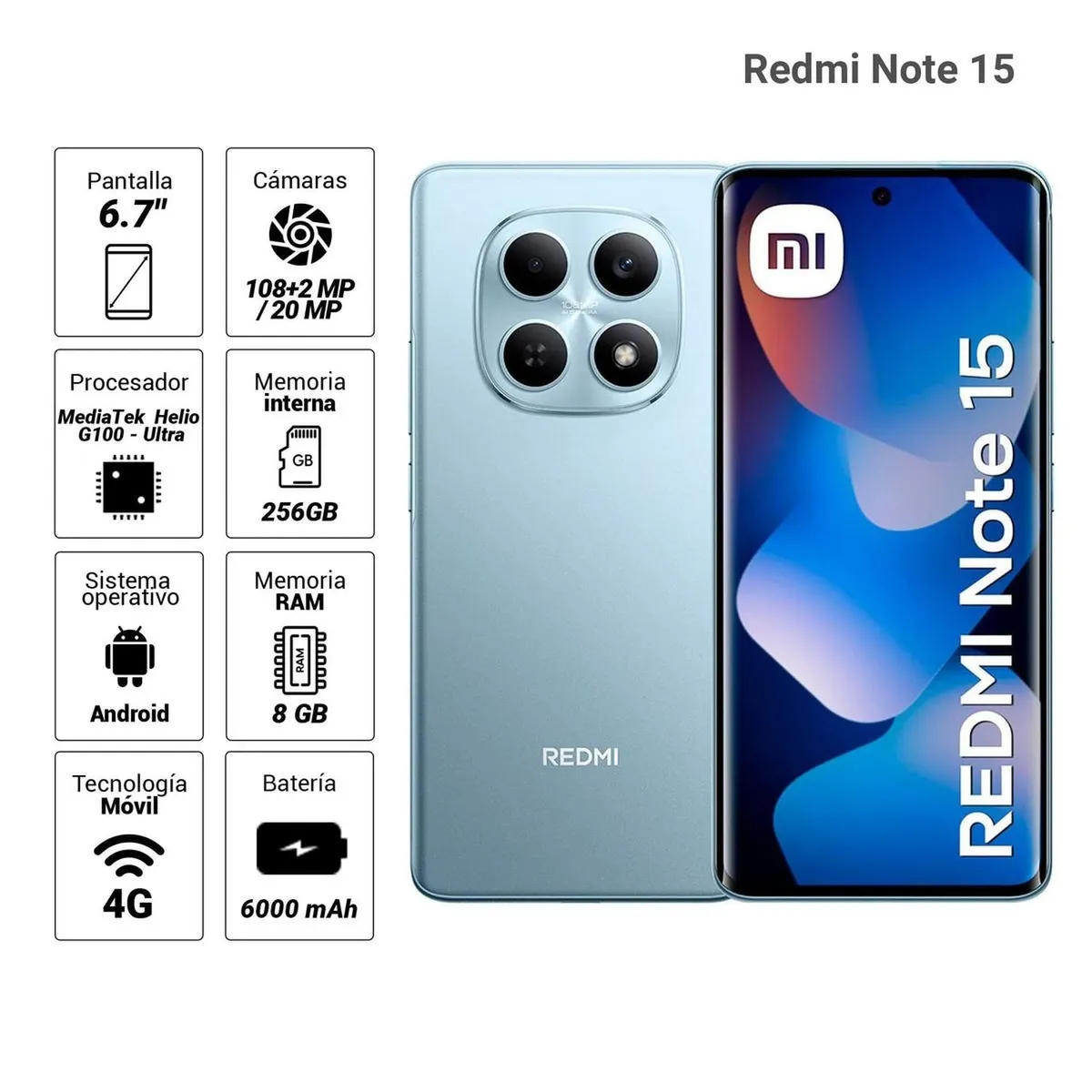 XIAOMI - Celular Xiaomi Redmi Note 15 4G 256GB 8GB RAM cámara principal 108MP + 2MP frontal 20MP azul