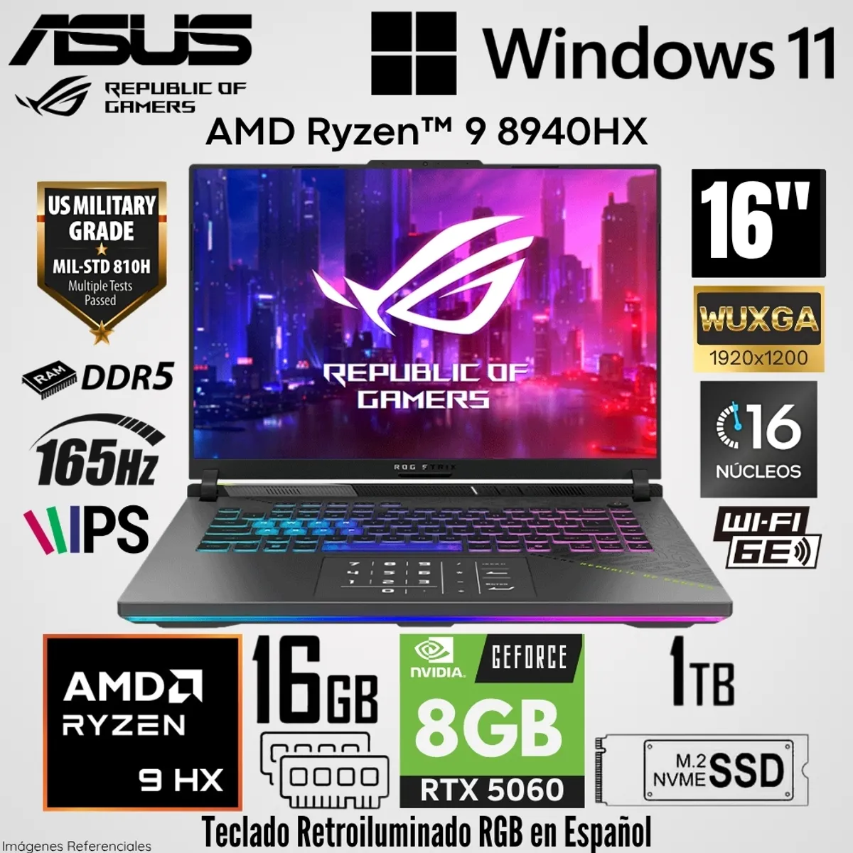 ASUS - Laptop Asus ROG Strix G16 AMD Ryzen 9 8940HX 16GB RAM 1TB SSD RTX 5060-8GB 16"  WUXGA 165 Hz