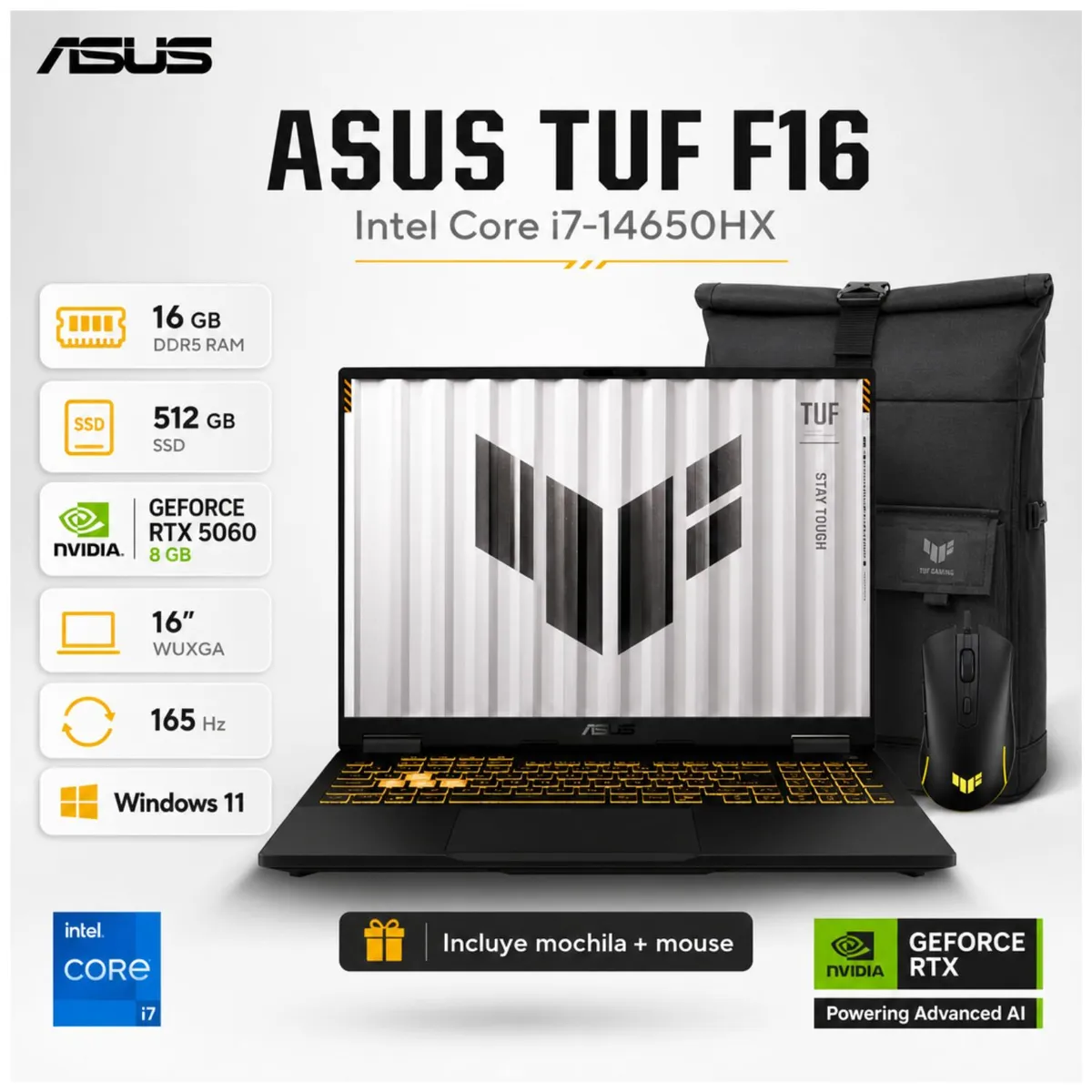 ASUS - Laptop Gamer ASUS TUF Gaming F16 Intel® Core™ i7-14650HX 16GB RAM 512G SSD RTX™ 5060 FX608JMR-RV352