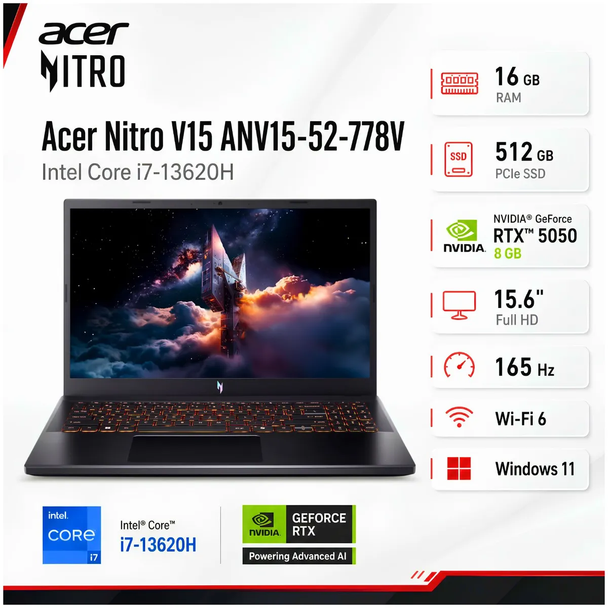 ACER - Laptop Gamer ACER NITRO V 15 ANV15-52-778V Intel® Core™ i7-13620H 16GB RAM 512GB SSD RTX™ 5050 NH.U1PAA.003