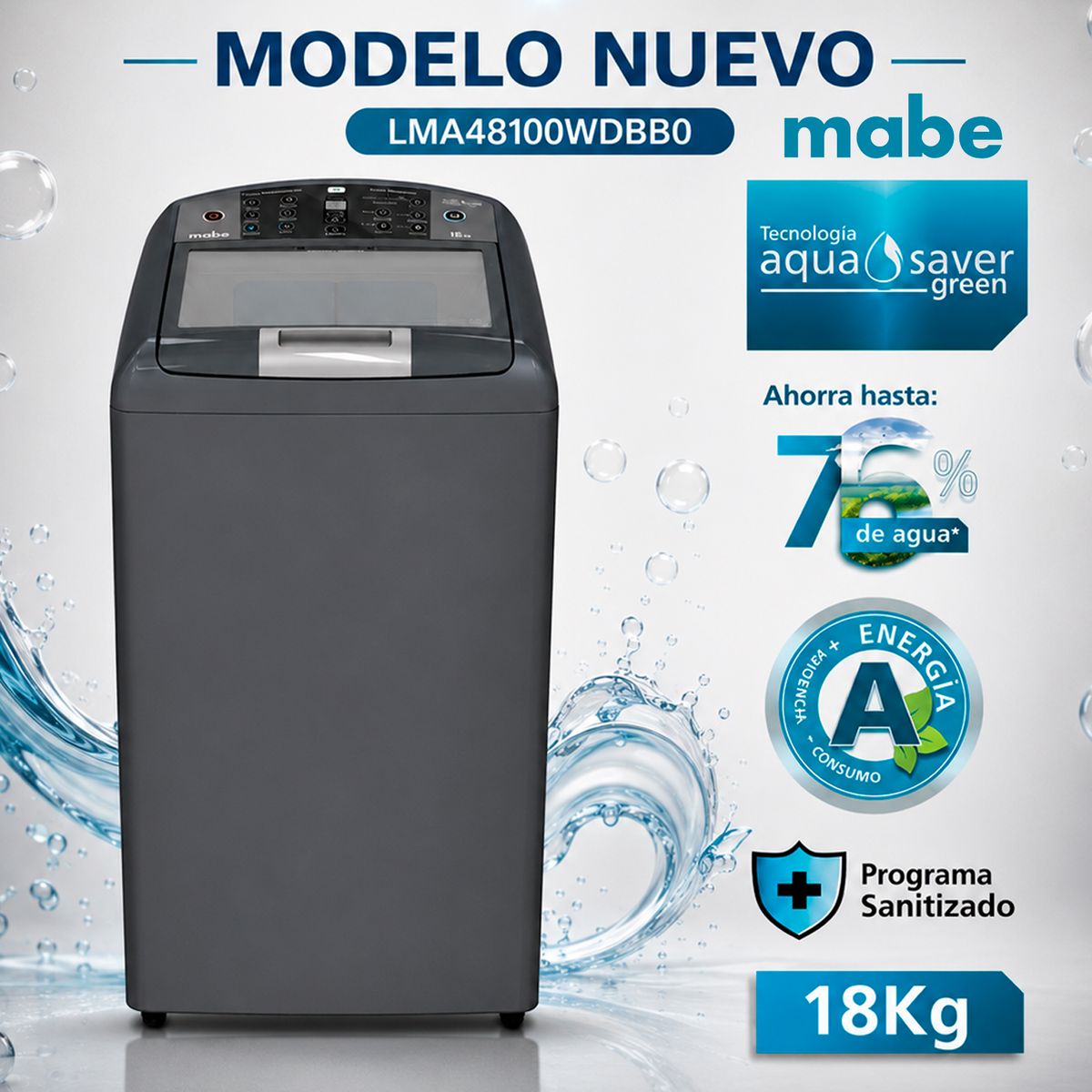 Mabe - Lavadora automática de 18 kg diamond gray mabe - LMA48100WDBB0