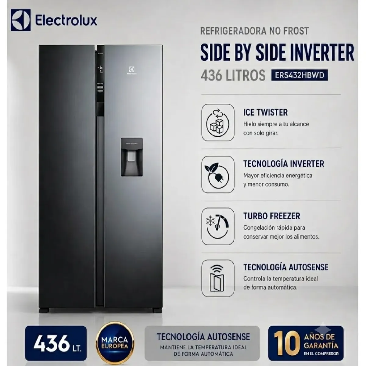 Refrigeradora Electrolux Side by Side No Frost Inverter ERS432HBWD de 436L  Negro, marca Electrolux - Foto Principal