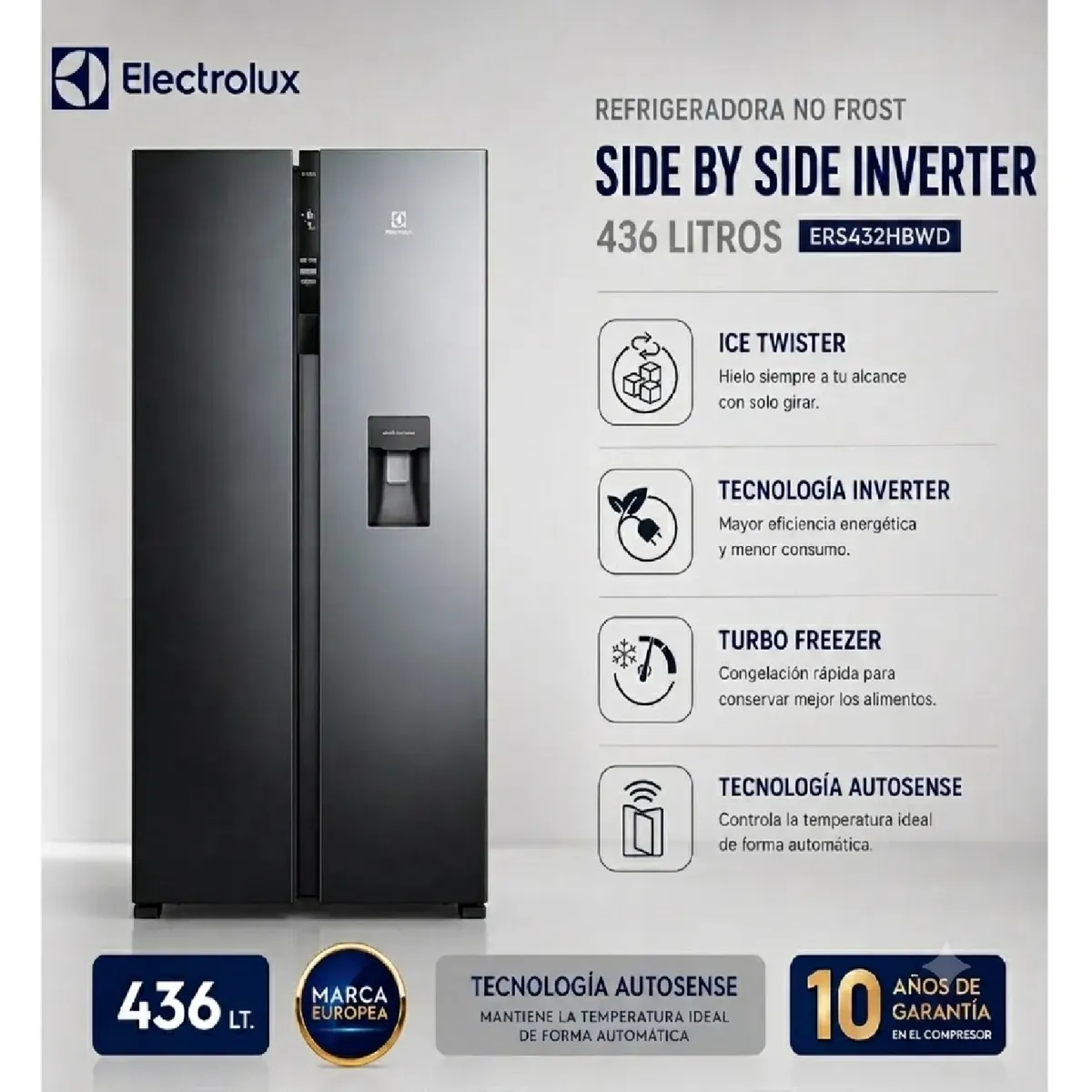 Refrigeradora Electrolux Side by Side No Frost Inverter ERS432HBWD de 436L  Negro, marca Electrolux - Foto Principal