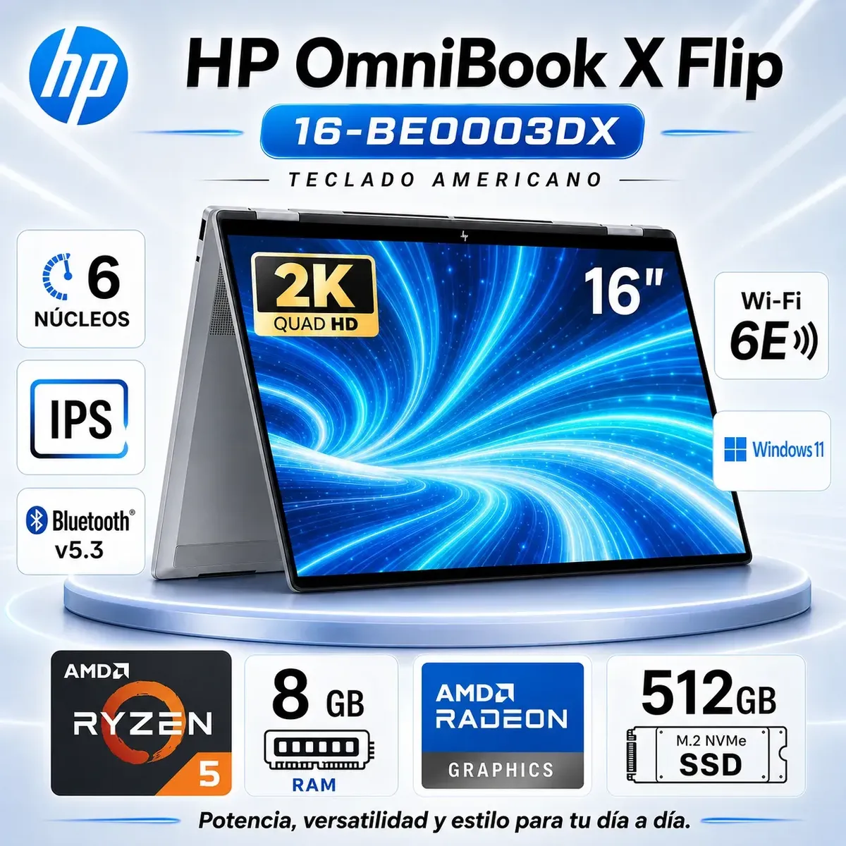 HP - Laptop HP OmniBook X Flip 16-BE0003DX AMD Ryzen 5 220U 8GB RAM 512GB 16" 2K IPS          REFURBISHED