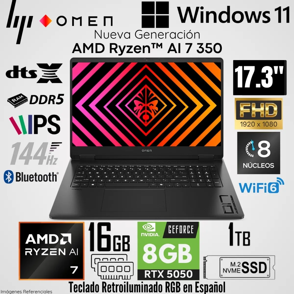 HP - Laptop HP Gaming OMEN 17-DB1001LA  AMD Ryzen AI 7 350 16GB RAM 1TB SSD RTX 5050-8GB 17.3"  FHD Black