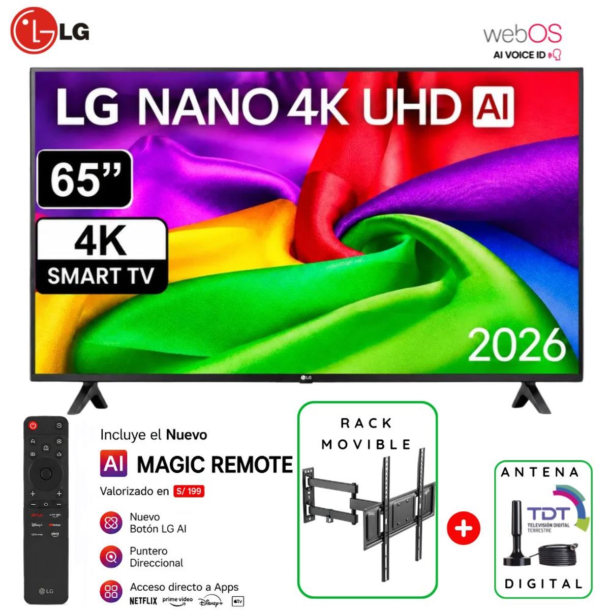 LG - Televisor LG 65" NANO 4K UHD AI Smart TV 65NU800BPSBQ - 2026 + Rack Movible