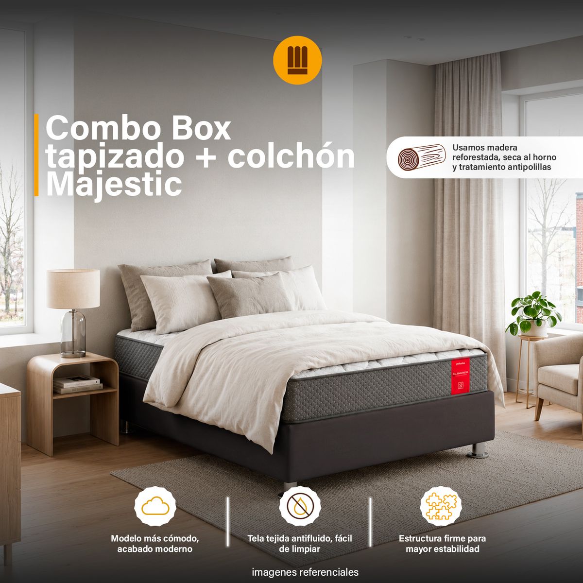 Combo Box Tarima reforzado y acolchado Pcromadas + colchón Paraíso Majestic - 15plz - Negro, marca MUEBLES MODENZA - Foto Principal