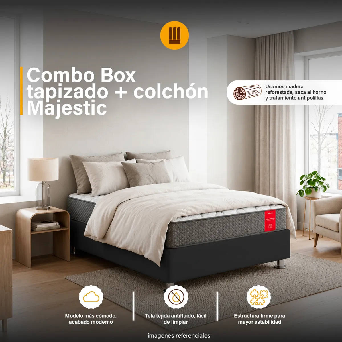 Combo Box Tarima reforzado y acolchado Pcromadas + colchón Paraíso Majestic - 2plz - Negro, marca MUEBLES MODENZA - Foto Principal