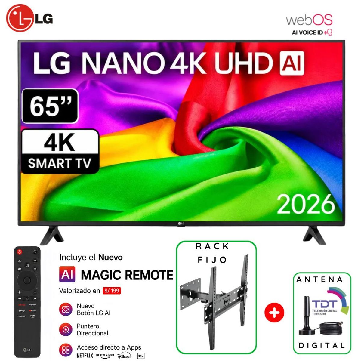 LG - Televisor LG 65" NANO 4K UHD AI Smart TV 65NU800BPSBQ - 2026 + Rack Fijo