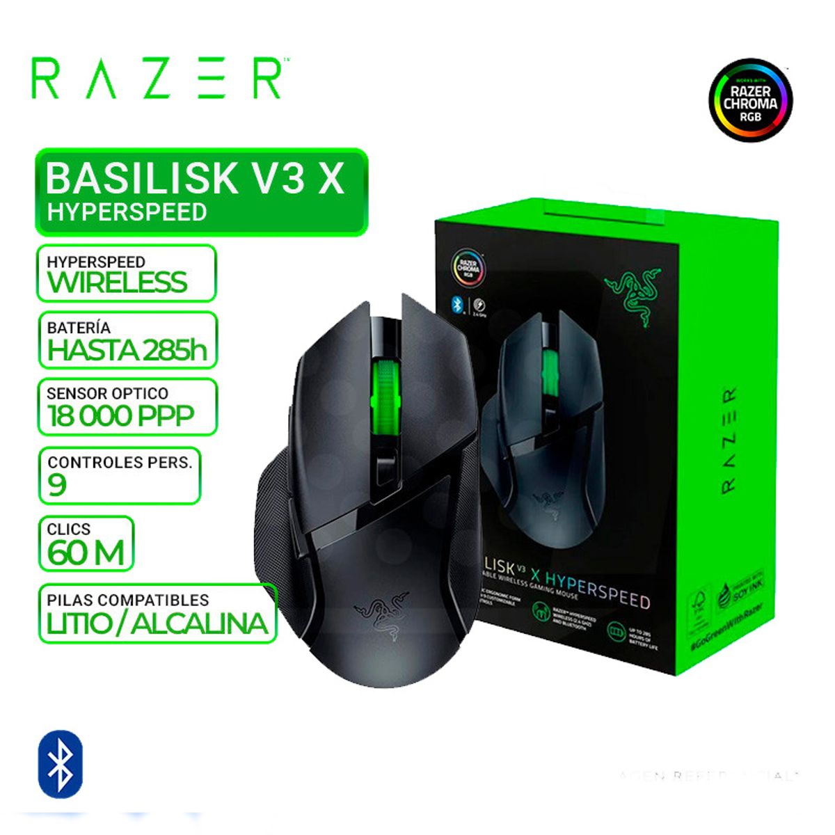 RAZER - MOUSE RAZER BASILISK V3 X 18K DPI WIRELESS / BT SWITCH MECHANICAL  BLACK