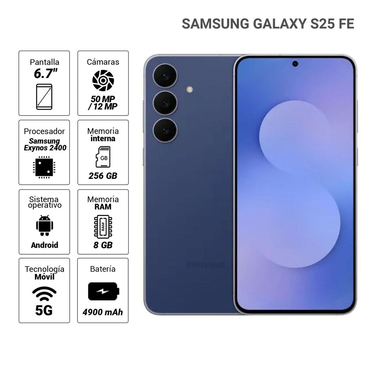 SAMSUNG - Celular Samsung Galaxy S25 FE 5G, 256GB, 8GB RAM, cámara trasera 50MP y frontal 12MP, 6.7'', azul na