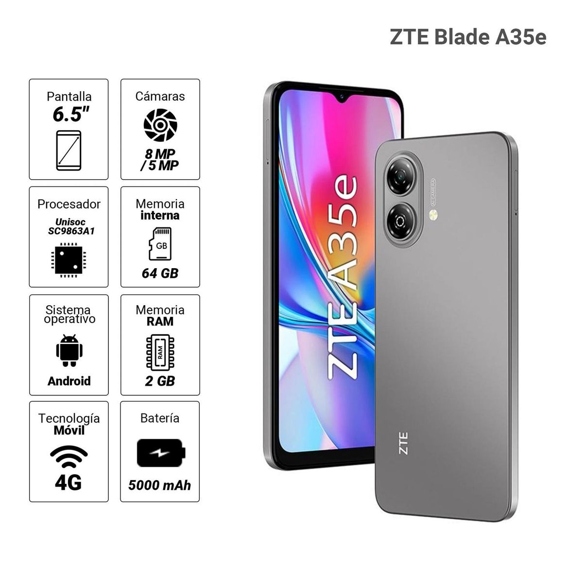 ZTE - Celular ZTE Blade A35e 64GB/2GB 8MP/5MP 6.52" gris