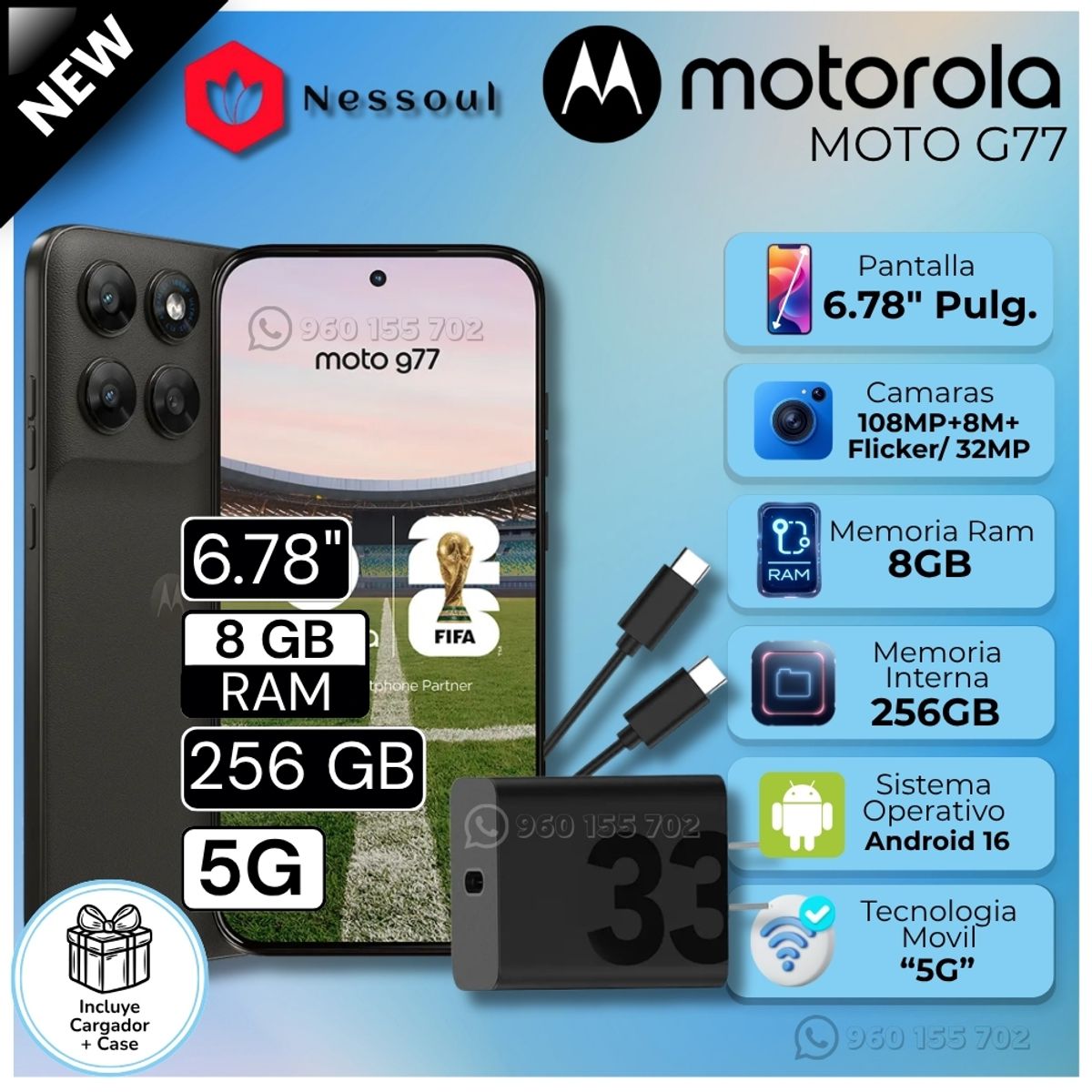 Celular Motorola G77 5G 6.78"  Pulg. 8GB RAM 256GB Android 16 - Negro, marca MOTOROLA - Foto Principal