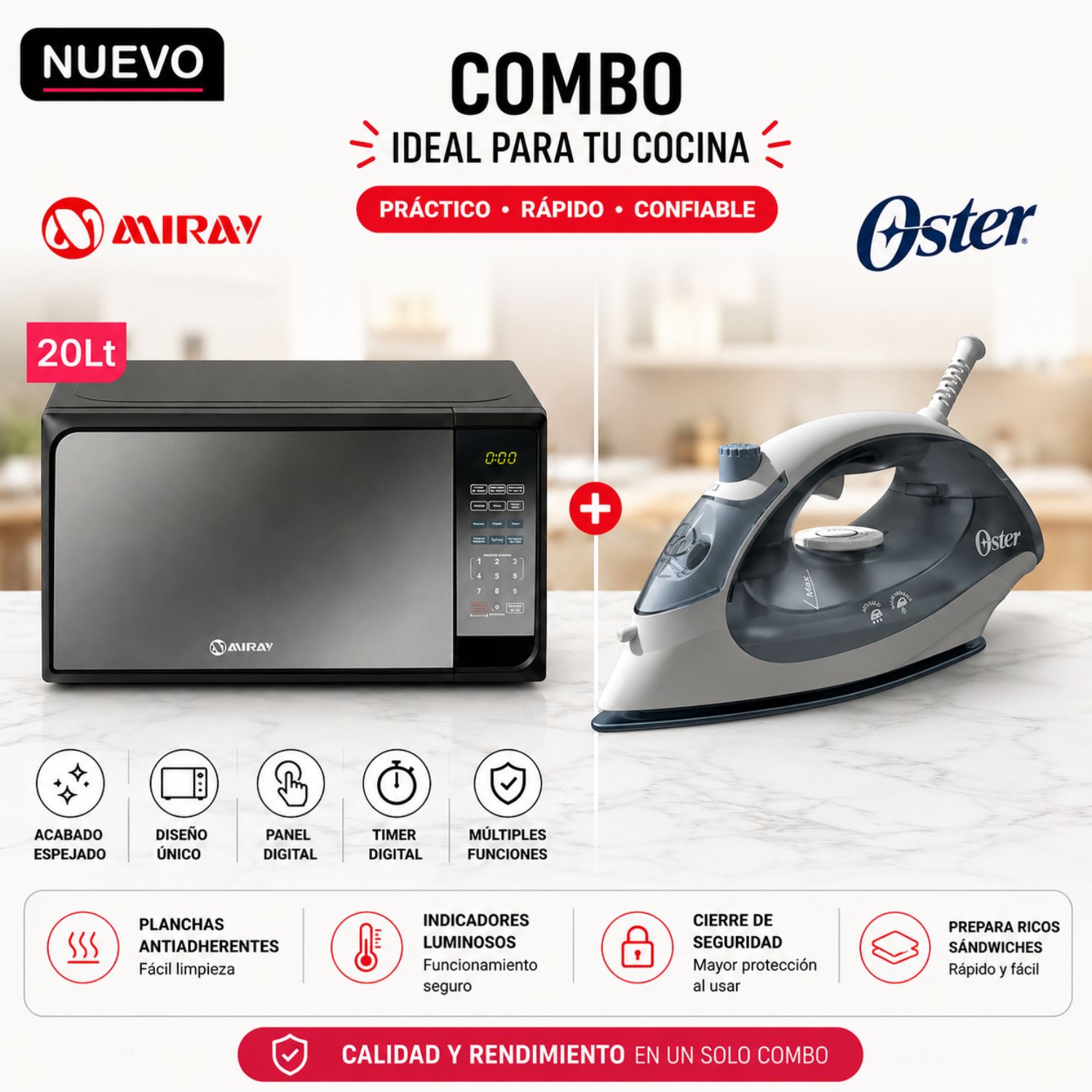 HORNO MICROONDAS MIRAY 20L - HMM-20N + PLANCHA OSTER