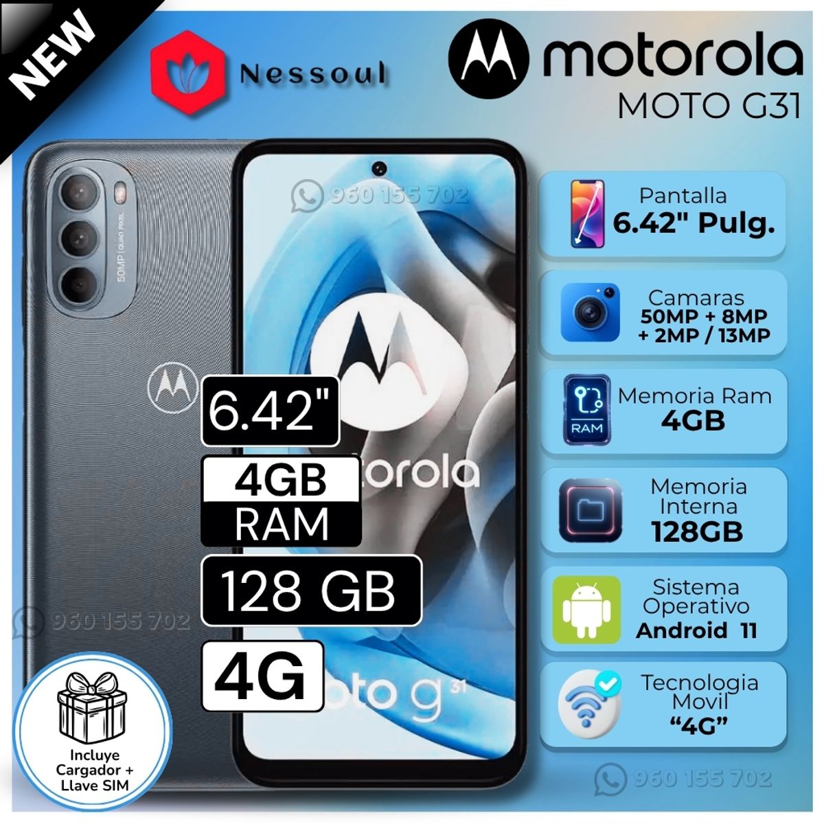 MOTOROLA - Celular Motorola Moto G31  6.42"  Pulg. 4GB RAM 128GB Android 11 - Gris Meteoro